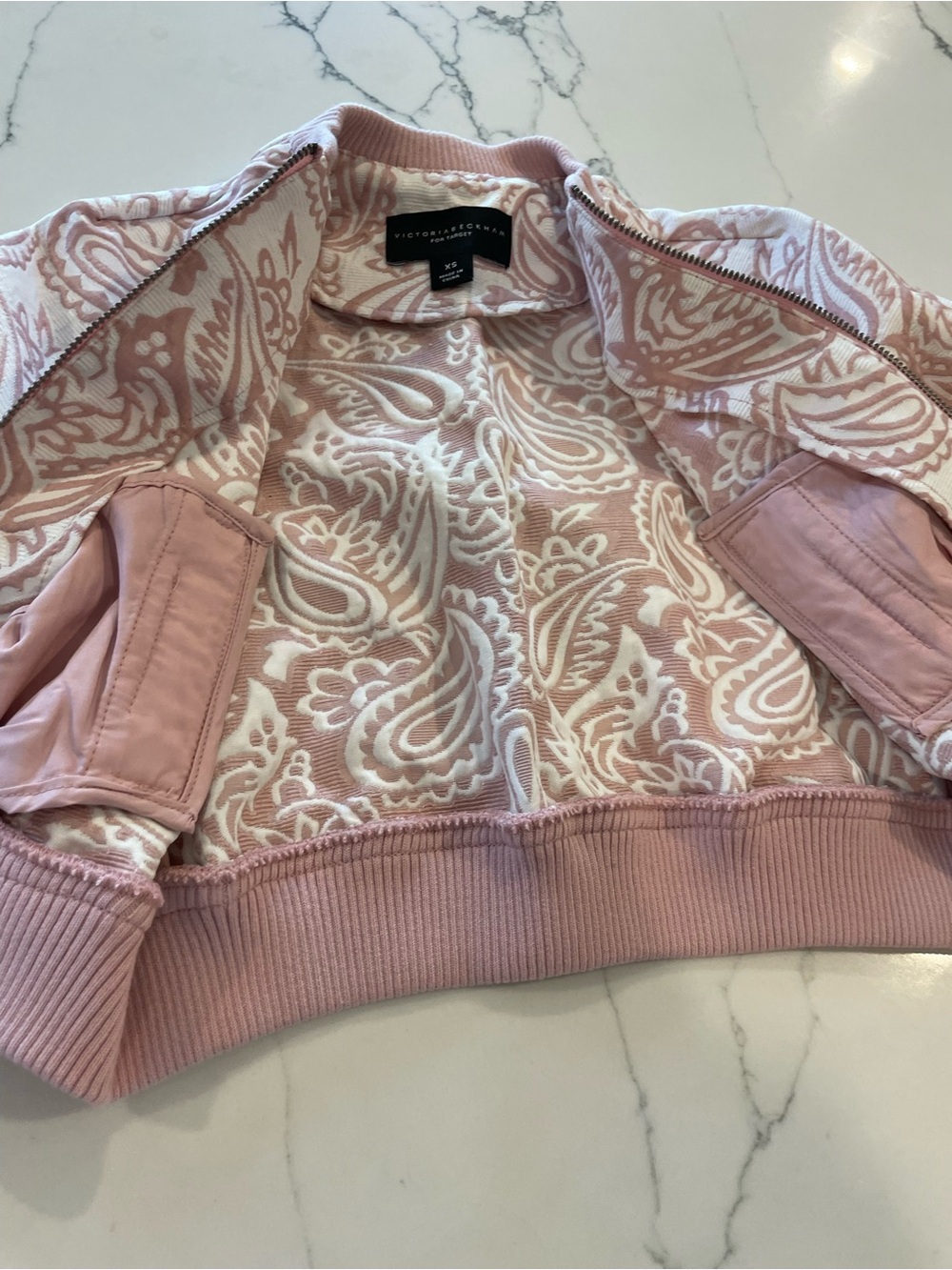Victoria Beckham Blush-Pink Paisley Girls Bomber Jacket - Picture 4 of 14